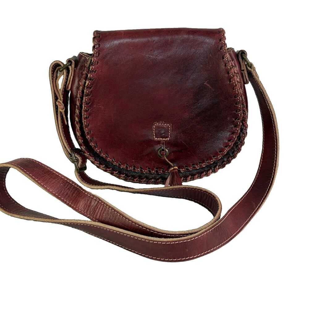 Bed Stu Half Moon Distressed Red Leather Crossbody Purse Saddle Bag Look